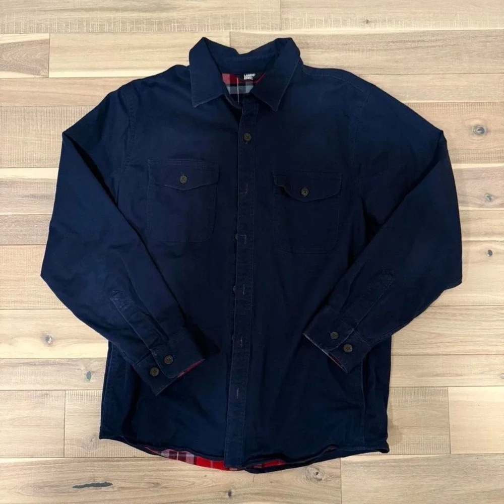 Lands end Sz Med Navy blue button up shirt with red plaid lining - Picture 1 of 5